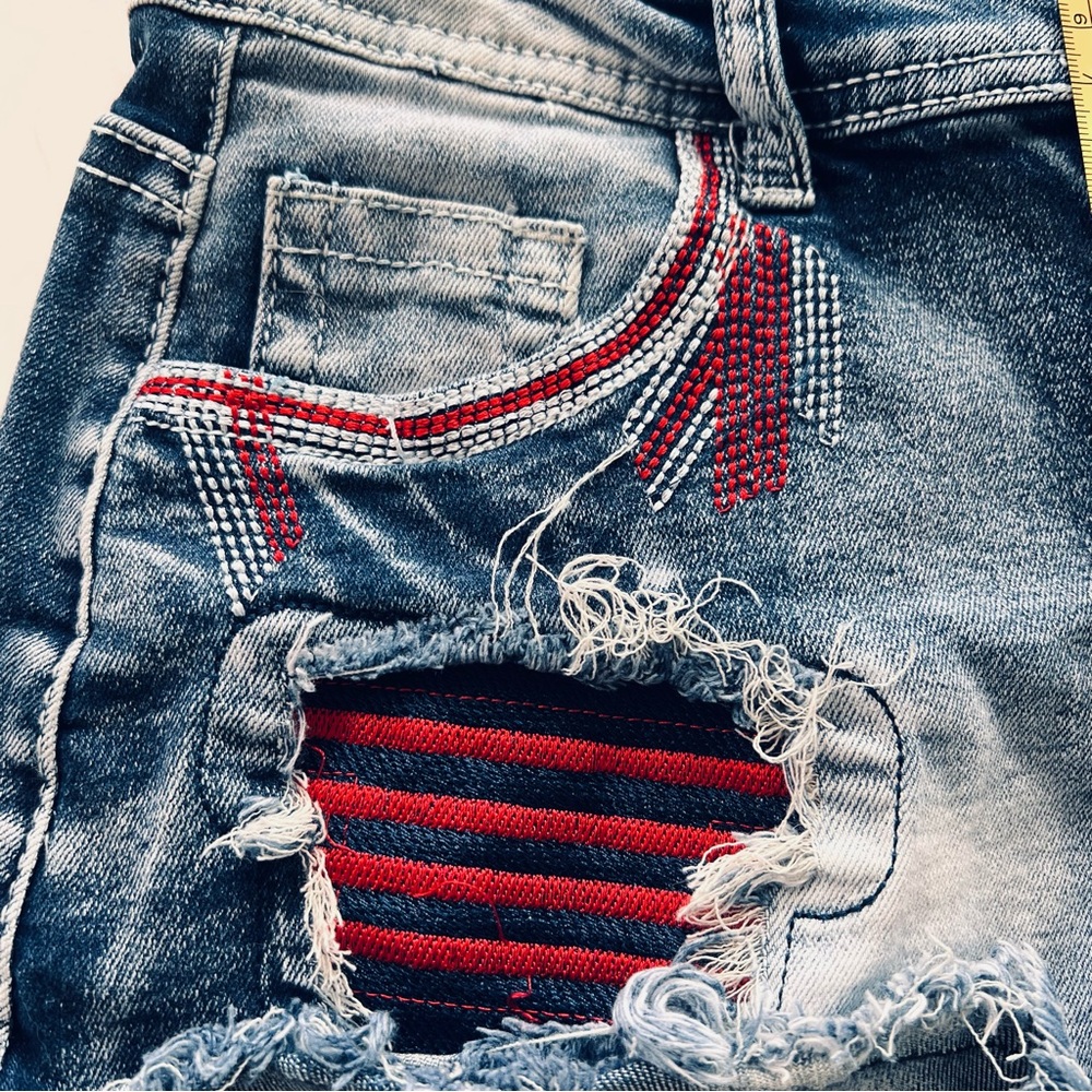 Jean Shorts Blue Red Women’s Flag   Front and Back Sz M 12.5 Waist Stretch 14.5”